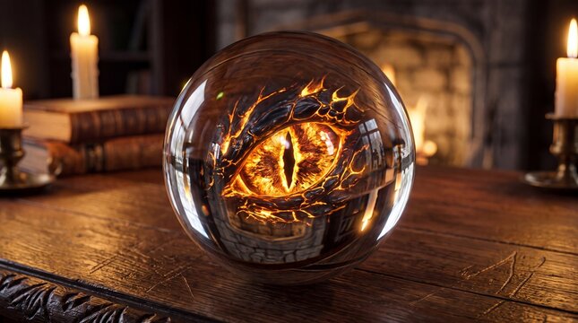 Mystical crystal ball with glowing dragon eye on wooden table