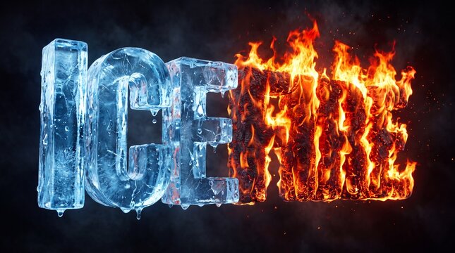 Ice and fire elemental text concept on dark background
