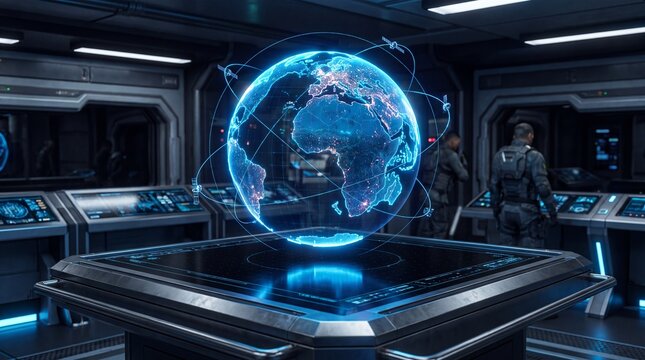 Futuristic command center with glowing holographic Earth globe