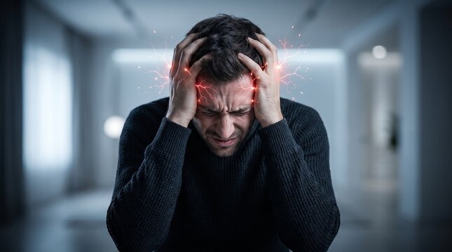 Agonized man clutching head during mental breakdown with glowing red neural sparks and cognitive overload concept