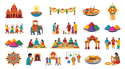 Fototapeta premium Indian Festival Icons: Temple, Diya, Holi Colors, Family, Food, Decorations