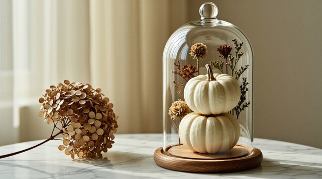 Two white pumpkins stacked inside glass dome on marble table. Dried flowers ornament rustic arrangement for seasonal autumn interior decor. Stylish minimalist centrepiece stands on beige surface.