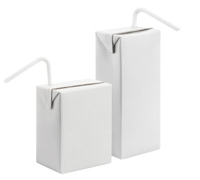 Two blank carton juice package mockups with flexible straws, isolated on transparent cutout background