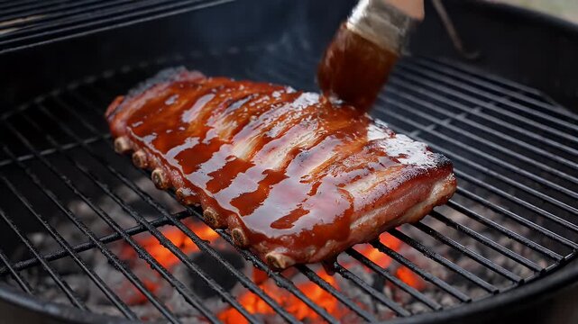 Barbecue pork ribs being glazed with savory sauce on a hot charcoal grill grate