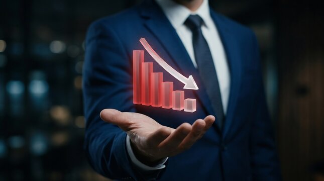 Businessman in a formal suit holds a glowing holographic bar chart displaying a significant financial decline with a red downward arrow