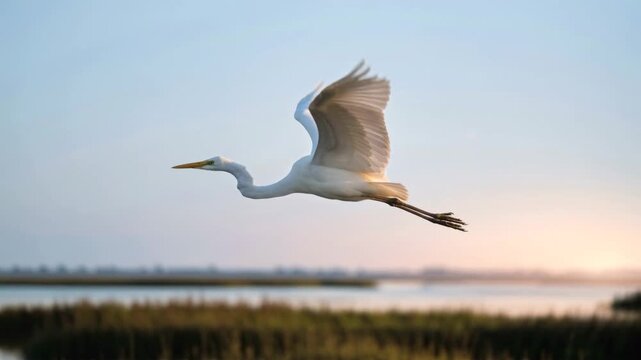 egret in flight over lake nakuru in golden morning light video