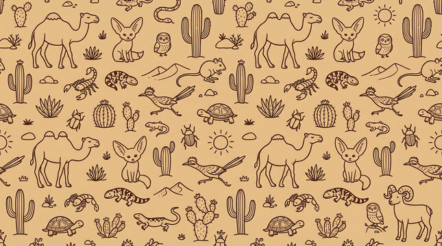 Cute Desert Animal Doodle Art Seamless Pattern Kids Design