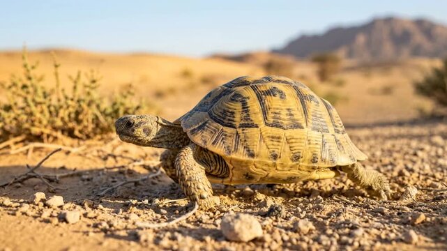 ancient egyptian tortoise moving slowly in soft morning light close-up video