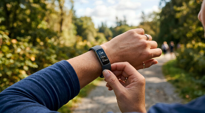 Person checking their fitness tracker while walking on a trail in the forest.