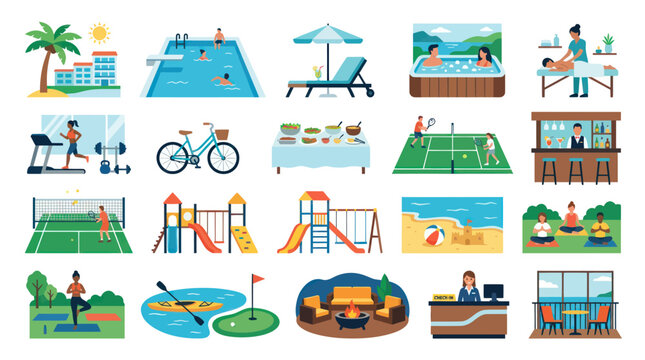 Flat Style Icons: Resort and Leisure Activities - Swimming Pool, Yoga, Tennis, Beach