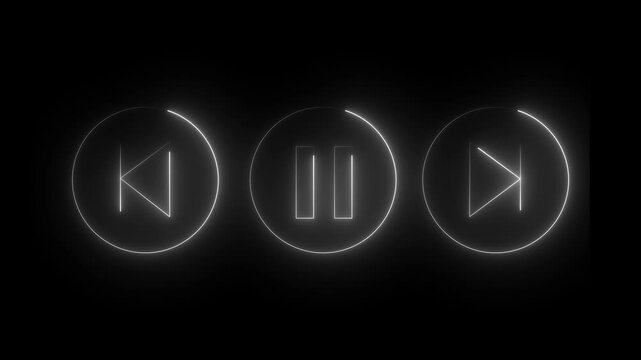 Glowing neon sounds play, and next and previous arrow button symbols icon. Music arrow button symbol. neon arrow sign. White color icon on black background. 
