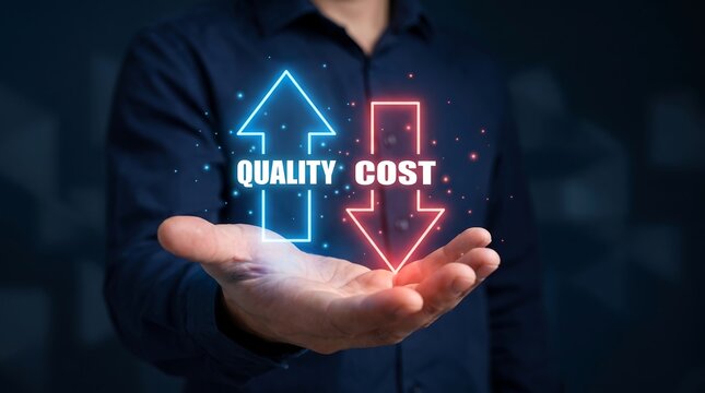 Business professional holding virtual quality versus cost comparison chart with glowing neon arrows indicating high value and low expense for strategic corporate decision making and budget planning