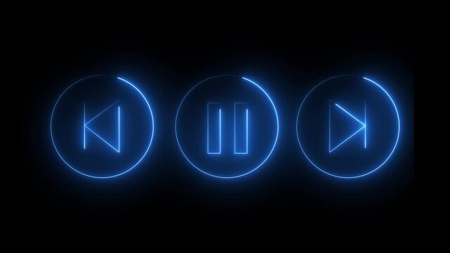 Glowing neon sounds play, and next and previous arrow button symbols icon. Music arrow button symbol. neon arrow sign. Blur color icon on black background. 