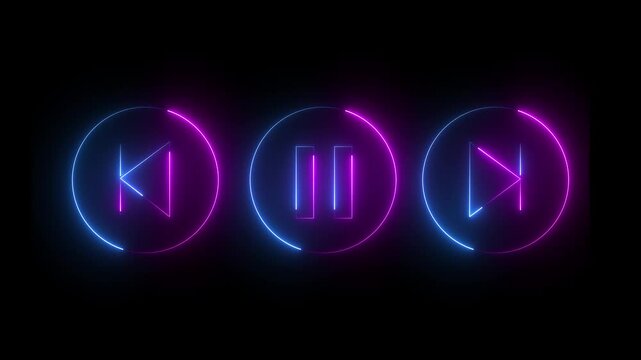 Glowing neon sounds play, and next and previous arrow button symbols icon. Music arrow button symbol. neon arrow sign. Blue and pink color icon on black background. 