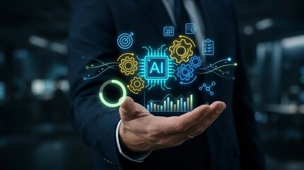 Fototapeta premium A human hand presents a glowing holographic artificial intelligence microchip surrounded by various digital data processing icons and gears