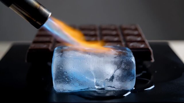 Blowtorch melting ice cube with a dark chocolate bar in the background close up