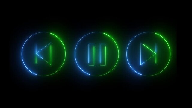 Glowing neon sounds play, and next and previous arrow button symbols icon. Music arrow button symbol. neon arrow sign. Green and blue color icon on black background. 