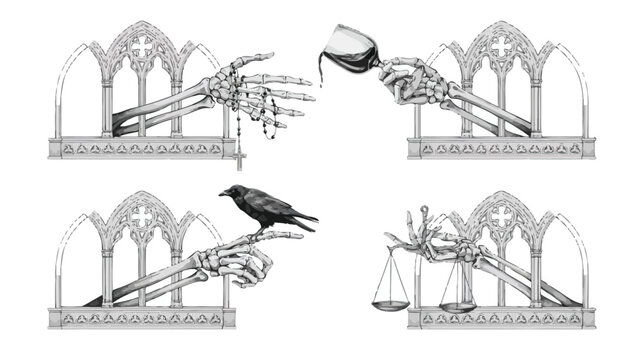 Gothic skeleton hands reaching from windows vector illustration set