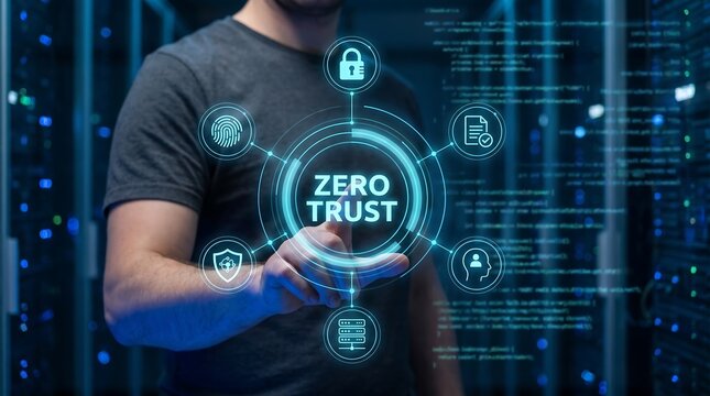 Young professional interacting with zero trust security interface in server room showing biometric authentication and data integrity icons for cybersecurity network protection