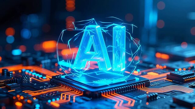Glowing blue AI letters on circuit board