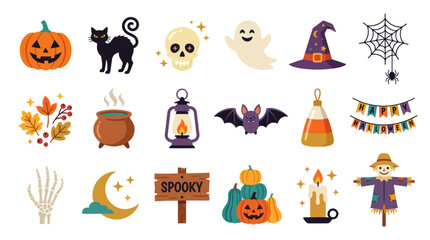 Obraz premium Halloween Icons Set Flat Design: Pumpkin, Cat, Ghost, Hat, Spiderweb, Candy Corn, Scarecrow