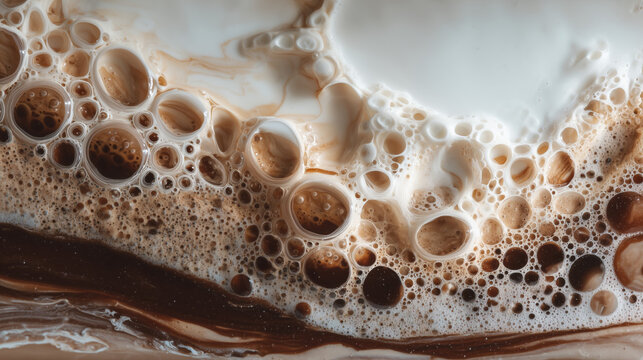 Close-up abstract view of frothy coffee with milk and cream creating interesting textures and patterns.