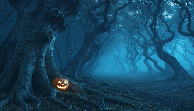 Jack o lantern on a dark forest path at night Halloween spooky seasonal design. Ai Generated