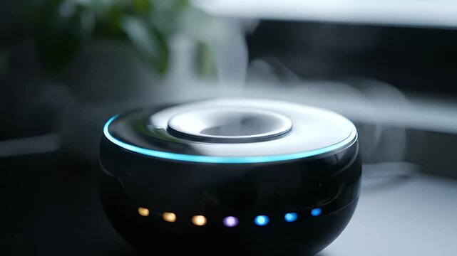 Ultrasonic aroma diffuser emitting cool mist with glowing led lights on a desk