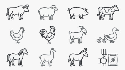 Elegant Black and White Line Drawing Icons Set of Farm Animals and Agricultural Tools for Illustrations © Tebis
