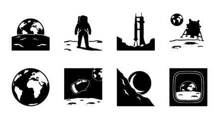 Space Exploration Icons: Astronaut, Rocket Launch, Lunar Lander, Earth, Moon, Cosmic Journey © Fariya02