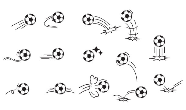 Soccer motion speed with football ball bounce and trajectory spin curve. Kick shoot impact with dynamic energy action and sport training coaching. Drill tactic soccer with team goal football.

