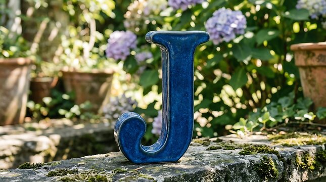 A Decorative Blue Ceramic Letter J Sitting on a Sunny Garden Stone Wall Amidst Blooming Hydrangea Flowers in Summer