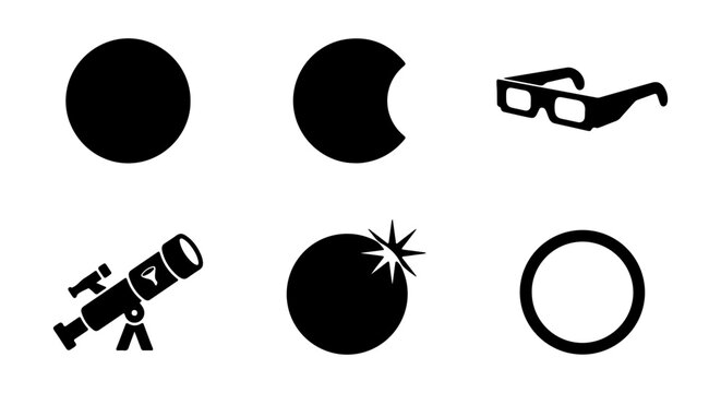 Solar Eclipse Icons: Phases, Telescope, Safety Glasses, Celestial Event Vector Set