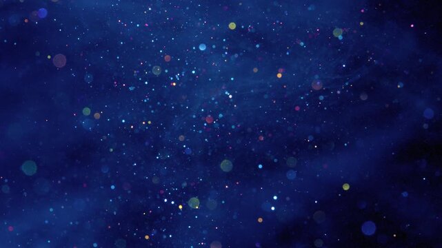 Dense field of suspended multicolored bokeh circles and tiny sparkles drifting gently across deep navy background, with soft shimmer, layered depth, and subtle glowing movement for elegant abstract