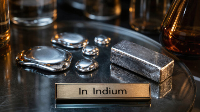 Display of indium metal in various forms with label in laboratory setting during daytime