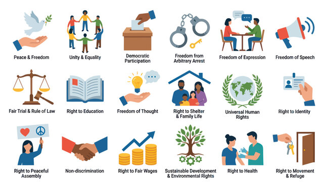 Flat Design Icons of Human Rights Concepts - Peace, Freedom, Equality, Speech