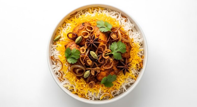 Delicious bowl of mixed rice and meat dish with herbs and spices on white