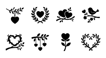 Obraz premium Romantic Heart Emblems, Love Branch Silhouettes, Floral Wreath Icons, Cute Bird Vector Graphics
