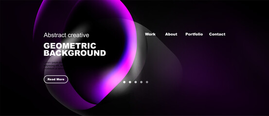 Naklejka premium Dark background features purple flowing shapes, text elements, navigation menu. Modern design promotes creativity, geometric patterns.