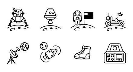 Space Exploration Icons: Lunar Lander, Astronaut, Rover, Rocket, Satellite, Boot, Control Panel Vector Set © Sidratul
