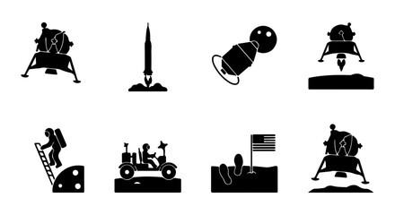 Space Exploration Icons: Lunar Lander, Rocket Launch, Astronaut, Rover, Moon Landing © Sidratul