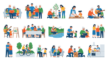 Fototapeta premium Flat Vector Illustration of Happy Intergenerational Family Lifestyle and Activities, Grandparents, Parents, and Children Bonding