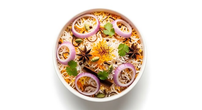 Delicious bowl of rice with onions herbs and spices on white background