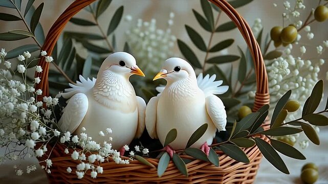 Two white dove figurines sitting in a wicker basket with eucalyptus leaves and white gypsophila flowers