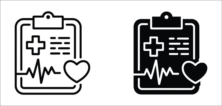 Medical report clipboard icon set with patient record symbols, healthcare documentation, diagnosis forms, hospital files, and clinic app interface graphics, vector, designs