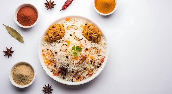 Delicious Indian basmati rice dish with spices and herbs on white plate served