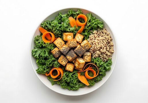 Delicious healthy salad bowl with kale quinoa tofu and carrot curls on white plate