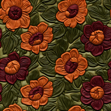Repeating floral patterns of orange and burgundy flowers with green leaves are embossed on the leather, along with a decorative surface featuring detailed carving.
