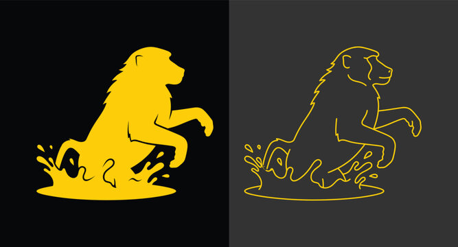 Golden baboon splashing in water silhouette and outline set with silhouette