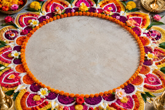 Elegant festive background with colorful rangoli border and clean white copy space, traditional Indian celebration design